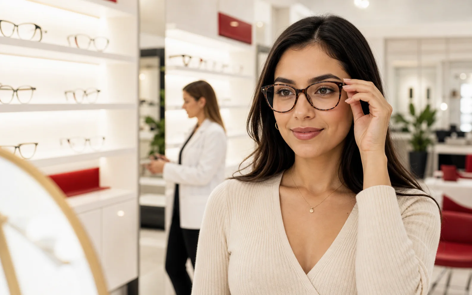 Cliente eligiendo lentes en una óptica profesional