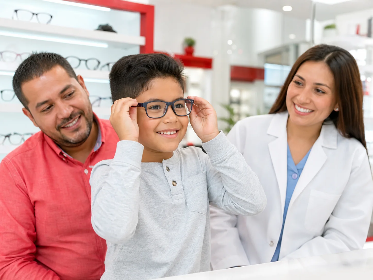 Niño probándose lentes con acompañamiento profesional