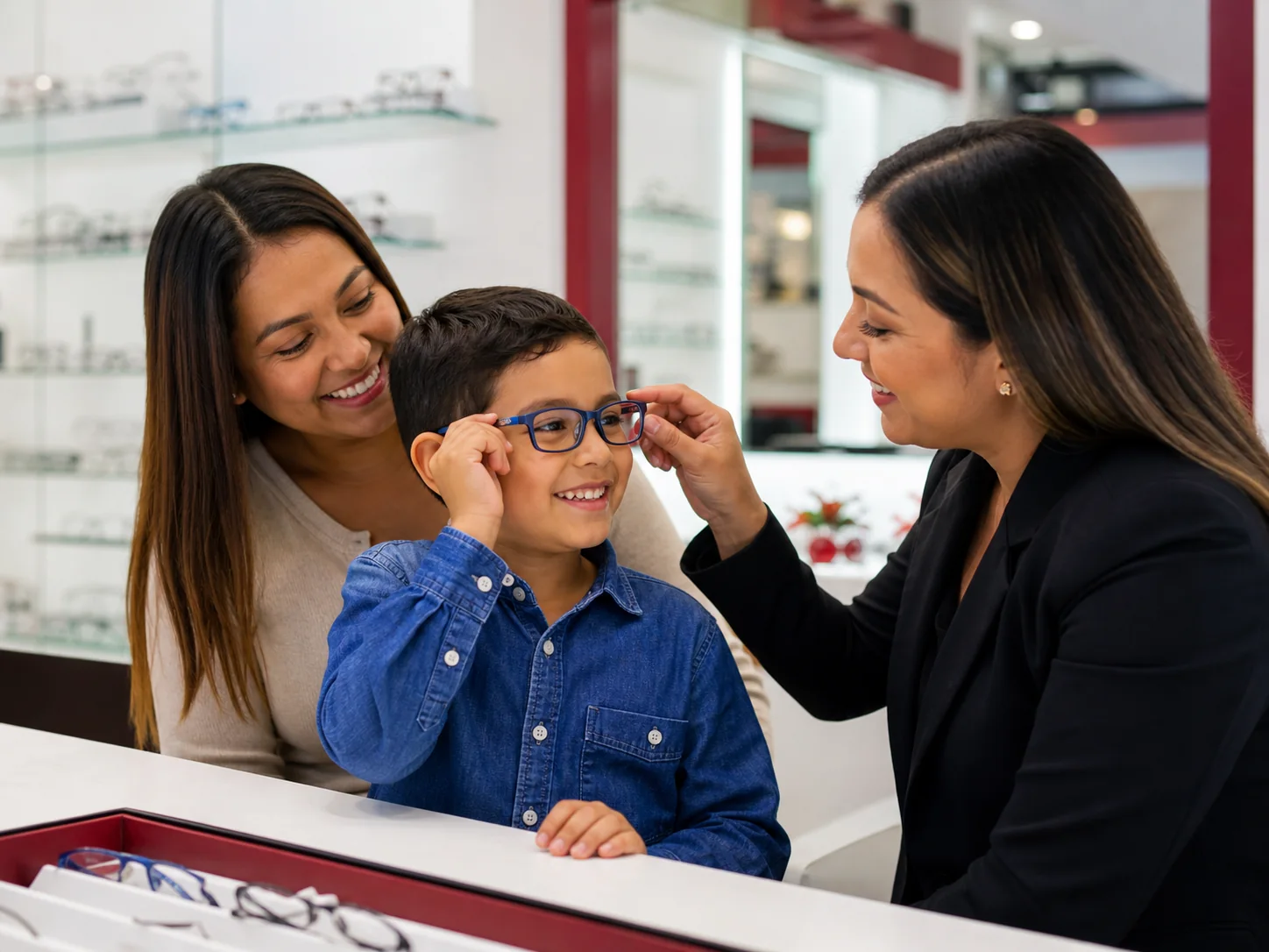 Niño probándose gafas con orientación óptica profesional